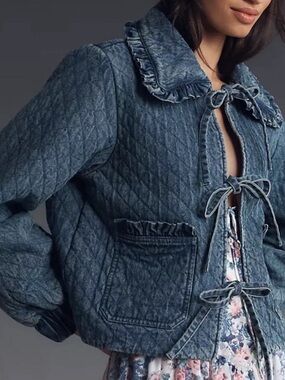 Anthropologie Avec Les Filles Quilted Denim Jacket Ruffle Tie Front XL 16/18